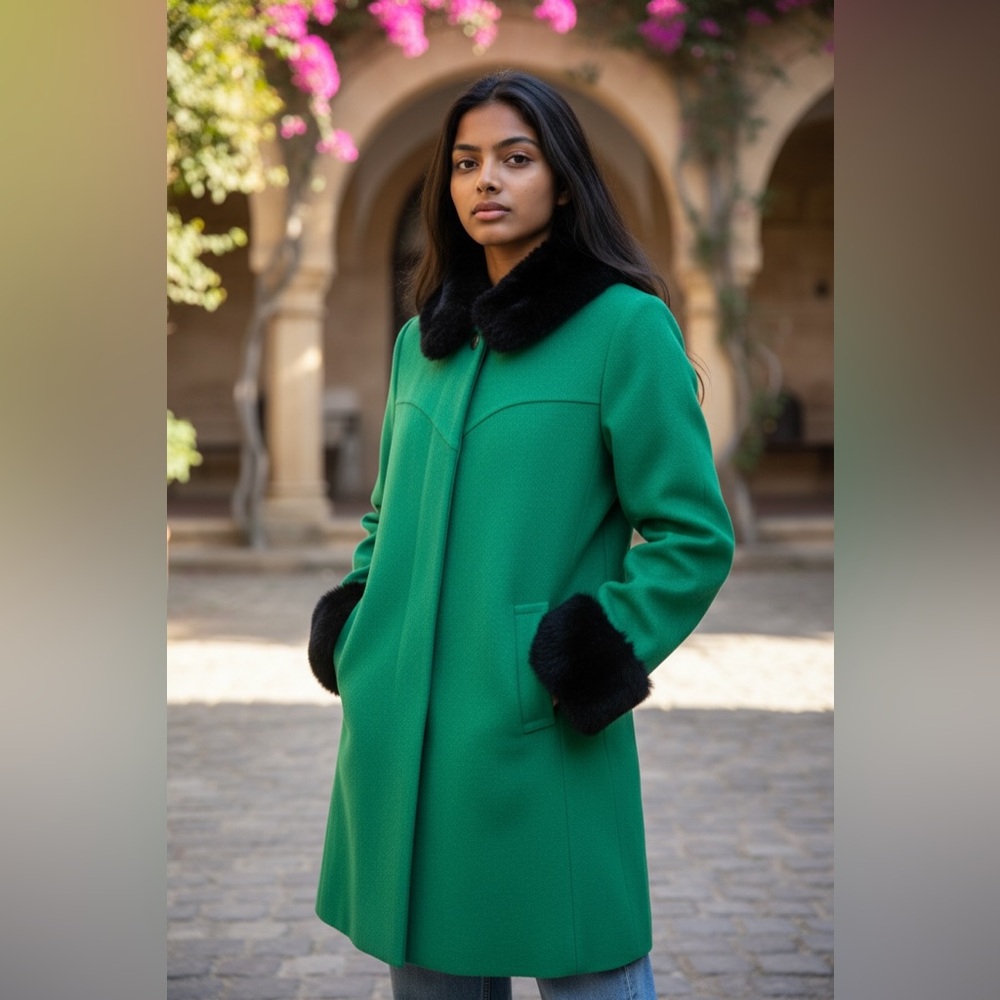 Elegant Green Coat with Black Fur Trim